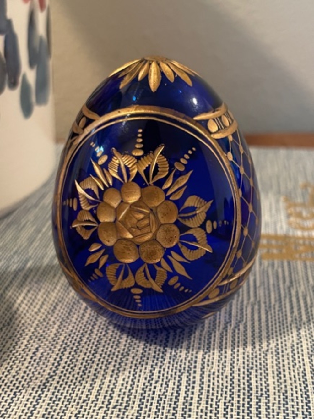 Vintage Russian Fabergé-Style Cobalt Blue Glass Egg – Gold Gilt Floral Ornament